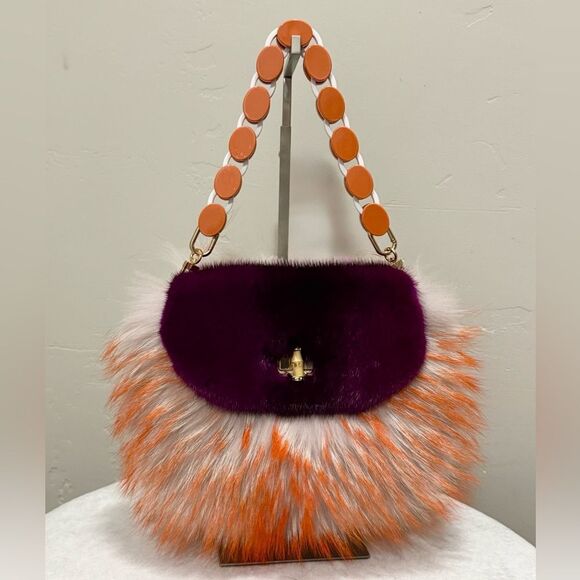 Stunning Colorblock Real Mink Fur with Finn Raccoon Fur Purse, Includes 2 Straps - Picture 1 of 17